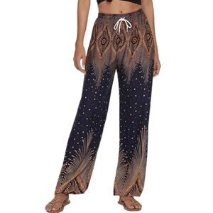 NEW Urban CoCo Boho Feather Floral Smocked Waist Harem Yoga Pants Navy M NWT